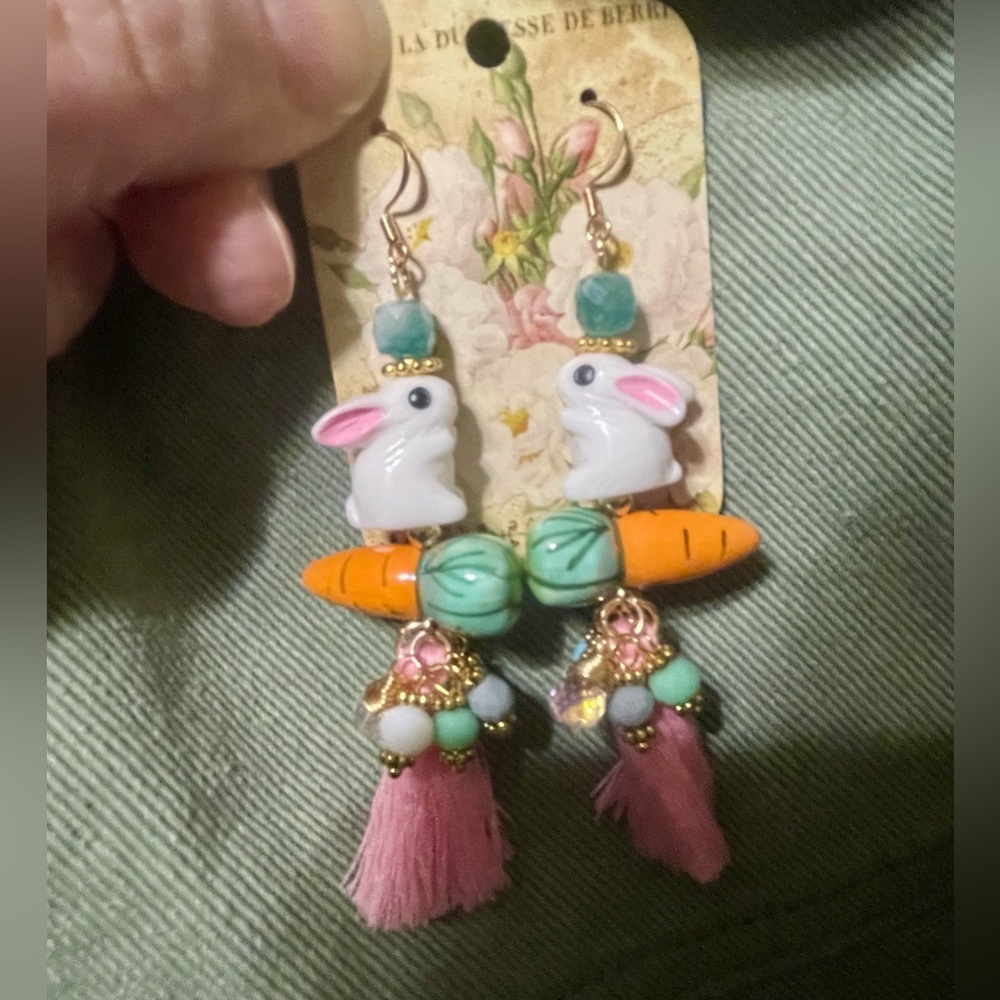 Pink and Orange Bunny Tassel Earrings - Picture 6 of 8